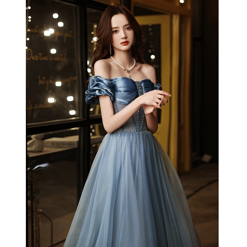 Chic Beautiful Sky Blue Prom Dresses 2021 A-Line Princess Off-The-Shoulder Beading Short