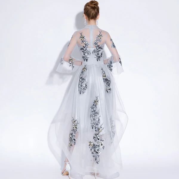 Sexy Grey Evening Dresses  2018 A-Line / Princess Lace Appliques Scoop Neck 3/4 Sleeve Short High Low Formal Dresses