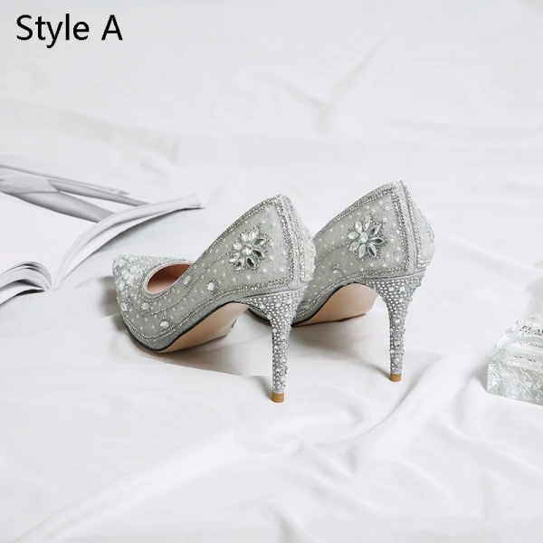 Charmant Zilveren Rhinestone Bruidsschoenen 2019 Leer Pailletten 9 cm Naaldhakken / Stiletto Spitse Neus Huwelijk Pumps