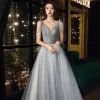 Charming Grey Prom Dresses 2021 A-Line / Princess V-Neck Beading Sequins Tassel Sleeveless Backless Sweep Train Formal Dresses