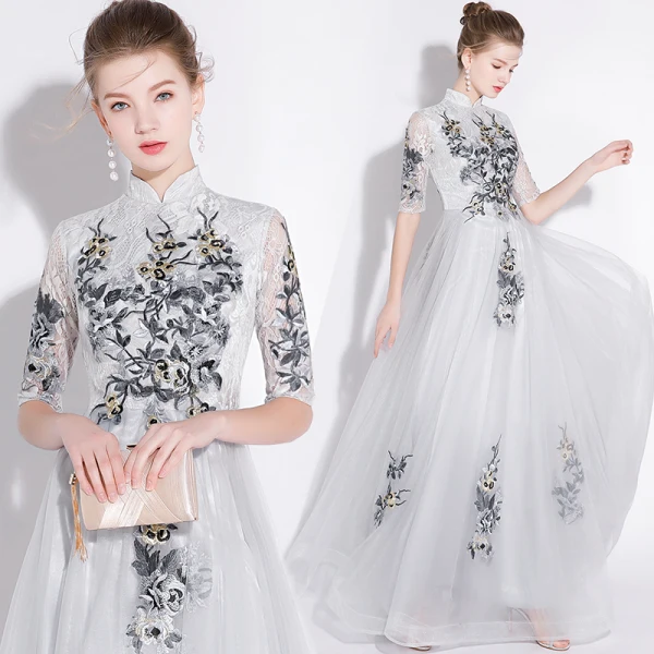 Chic / Beautiful Grey Evening Dresses 2018 A-Line / Princess Lace Appliques High Neck 1/2 Sleeves Floor-Length / Long Formal Dresses