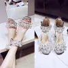 Chic / Beautiful Silver Casual Crystal Womens Sandals 2019 Leather Rhinestone Ankle Strap 7 cm Thick Heels Open / Peep Toe High Heels Sandals