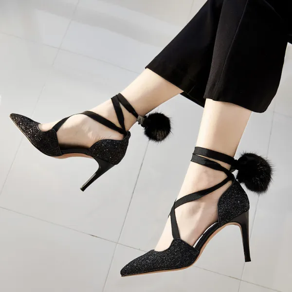 Chic / Belle Argenté Rendez-vous Chaussures Femmes 2019 Cuir Paillettes Bride Cheville 8 cm Talons Aiguilles À Bout Pointu Talons Hauts