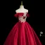 Elegant Burgundy Beading Appliques Satin Prom Dresses 2025 Ball Gown Off-The-Shoulder Short Sleeve Backless Floor-Length / Long Formal Dresses
