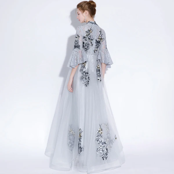 Chinese style Grey Evening Dresses  2018 A-Line / Princess Lace Appliques V-Neck 3/4 Sleeve Floor-Length / Long Formal Dresses