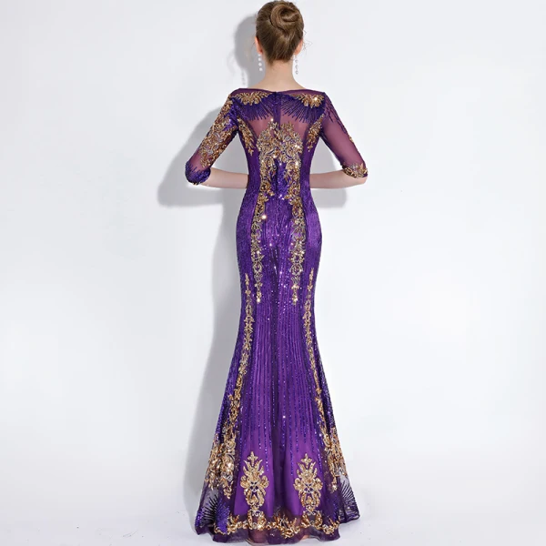 Scintillantes Grape Robe De Soirée 2018 Trompette / Sirène Glitter Paillettes Brodé Encolure Dégagée 1/2 Manches Longue Robe De Ceremonie