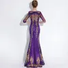 Sparkly Grape Evening Dresses  2018 Trumpet / Mermaid Glitter Sequins Embroidered Scoop Neck 1/2 Sleeves Floor-Length / Long Formal Dresses