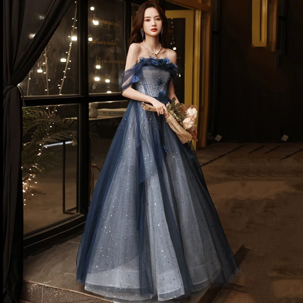Charmant Océan Bleu Robe De Bal 2021 Princesse De l'épaule Perlage Appliques Paillettes Sans Manches Dos Nu Longue Robe De Ceremonie
