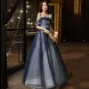 Charming Ocean Blue Prom Dresses 2021 A-Line / Princess Off-The-Shoulder Beading Appliques Sequins Sleeveless Backless Floor-Length / Long Formal Dresses