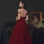 Fabulous Burgundy Prom Dresses 2021 A-Line / Princess High Neck Beading Crystal Lace Flower Short Sleeve Backless Floor-Length / Long Formal Dresses
