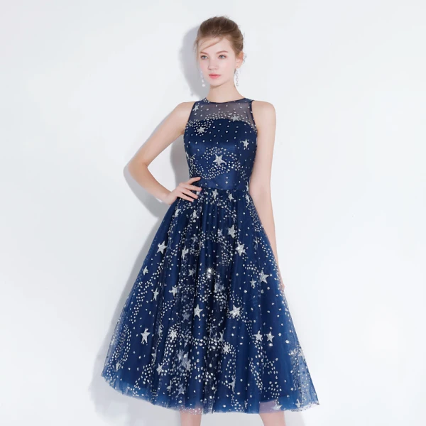 Scintillantes Bleu Marine de retour Robe De Soirée 2018 Princesse Thé Longueur Glitter Étoile Encolure Dégagée Transparentes Sans Manches Robe De Ceremonie