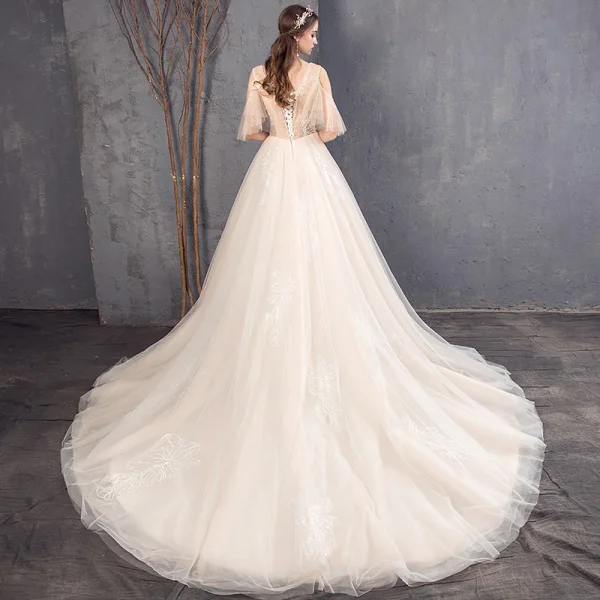 Elegant Champagne Wedding Dresses 2019 A-Line / Princess V-Neck Beading Lace Flower Short Sleeve Backless Chapel Train