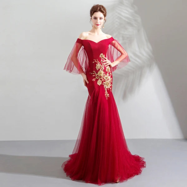 Chic / Belle Rouge Robe De Soirée 2019 Trompette / Sirène De l'épaule Paillettes En Dentelle Fleur Manches Courtes Dos Nu Train De Balayage Robe De Ceremonie