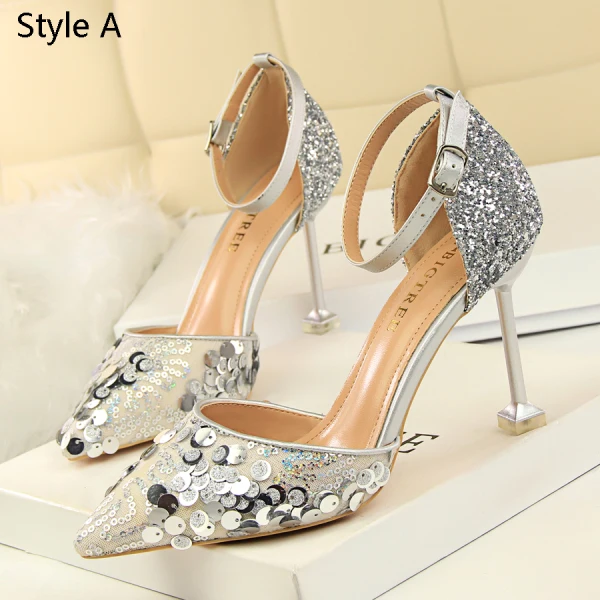 Affordable Silver Casual Womens Shoes 2019 Ankle Strap Sequins 9 cm Stiletto Heels Pointed Toe High Heels