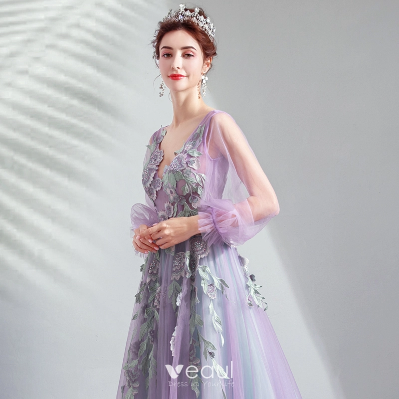 A-Line V-Neck Lavender Lace Floral Long Prom Evening Dress