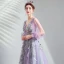 Elegante Lavendel Ballkleider 2019 A Linie V-Ausschnitt Spitze Applikationen Strass 3/4 Ärmel Rückenfreies Sweep / Pinsel Zug Festliche Kleider