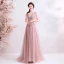Elegant Pearl Pink Prom Dresses 2019 A-Line / Princess Beading Pearl Lace Flower V-Neck Short Sleeve Backless Floor-Length / Long Formal Dresses