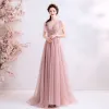 Elegant Pearl Pink Prom Dresses 2019 A-Line / Princess Beading Pearl Lace Flower V-Neck Short Sleeve Backless Floor-Length / Long Formal Dresses