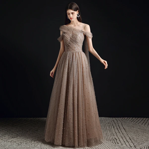Fashion Champagne Pearl Prom Dresses 2021 A-Line / Princess One-Shoulder Short Sleeve Backless Floor-Length / Long Formal Dresses