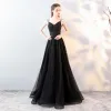 Elegant Black Evening Dresses  2018 A-Line / Princess Spaghetti Straps Backless Sleeveless Court Train Formal Dresses