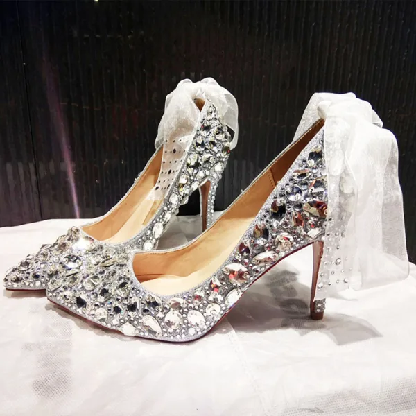 Charmant Argenté Chaussure De Mariée 2019 Noeud Faux Diamant Paillettes 10 cm Talons Aiguilles À Bout Pointu Mariage Escarpins