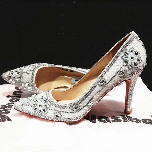 Chic / Beautiful Silver Wedding Shoes 2019 Crystal Rhinestone 9 cm Stiletto Heels Pointed Toe Wedding Pumps