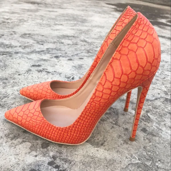 Snygga / Fina Apelsin Casual Läder Pumps 2019 Snakeskin Trycket 12 cm Stilettklackar Spetsiga Pumps