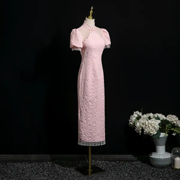 Chinese style Blushing Pink Beading Printing Evening Party Cheongsam 2025 A-Line / Princess High Neck Short Sleeve Tea-length