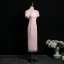 Chinese style Blushing Pink Beading Printing Evening Party Cheongsam 2025 A-Line / Princess High Neck Short Sleeve Tea-length