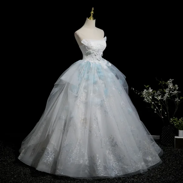 Chic / Beautiful Sky Blue Glitter Lace Flower Appliques Prom Dresses 2025 Ball Gown Strapless Sleeveless Backless Floor-Length / Long Formal Dresses