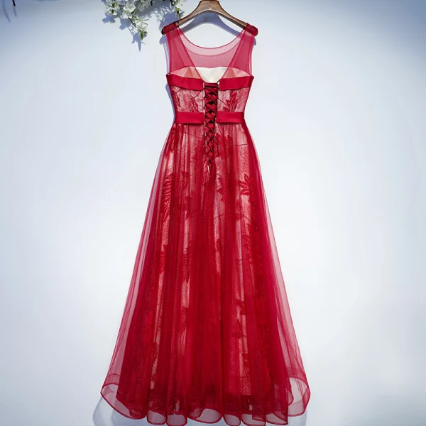 Chic / Beautiful White Formal Dresses Evening Dresses 2017 Lace Flower Sash Sleeveless Floor-Length / Long A-Line / Princess Scoop Neck