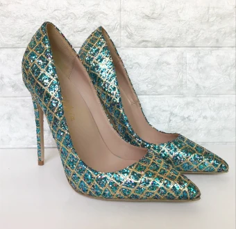 Scintillantes Vert Jade Soirée Escarpins 2019 Cuir Paillettes 12 Cm Talons Aiguilles À Bout Pointu Escarpins