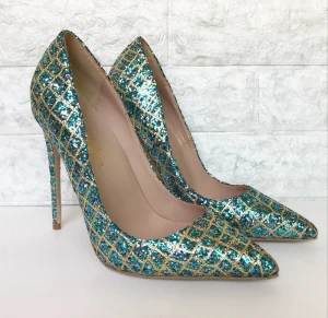 Brillante Jade Verde Noche Tacones 2019 Cuero Lentejuelas 12 Cm Stilettos Tacones De Aguja Punta Estrecha Tacones