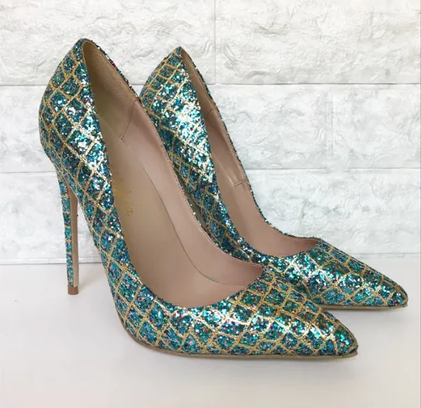 Sparkly Jade Green Evening Party Pumps 2019 Leather Sequins 12 cm Stiletto Heels Pointed Toe Pumps