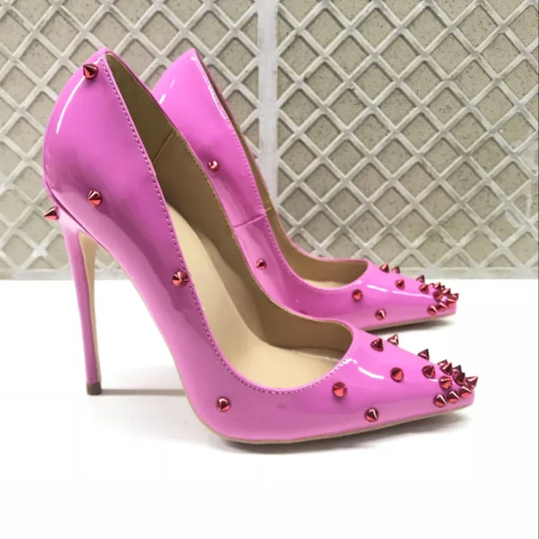 Chic / Beautiful Candy Pink Rave Club Pumps 2019 Patent Leather Rivet 12 cm Stiletto Heels Pointed Toe Pumps
