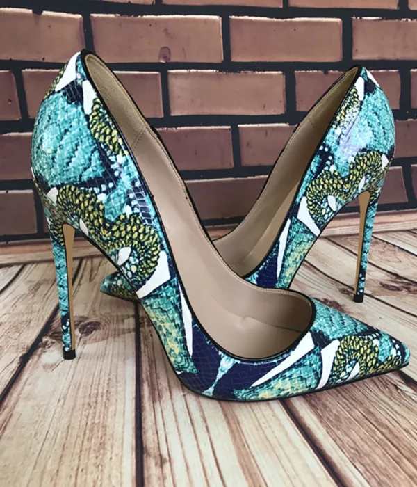 Fine Jadegrønn Casual Pumps 2019 Slangeskinn Print 12 cm Stiletthæler Spisse Pumps