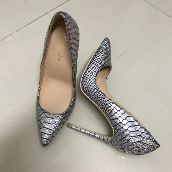 Amazing / Unique Silver Rave Club Pumps 2019 Snakeskin Print Leather 12 cm Stiletto Heels Pointed Toe Pumps