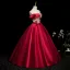 Elegant Burgundy Beading Appliques Satin Prom Dresses 2025 Ball Gown Off-The-Shoulder Short Sleeve Backless Floor-Length / Long Formal Dresses