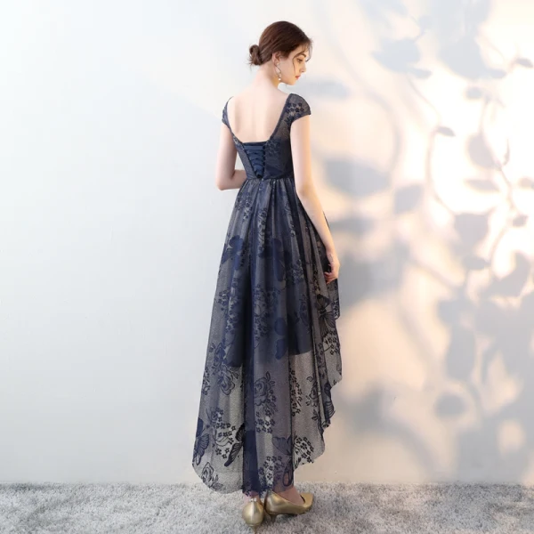 Élégant Bleu Marine Robe De Cocktail 2018 Princesse Dentelle Encolure Dégagée Dos Nu Asymétrique Robe De Ceremonie