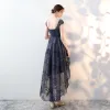Elegant Navy Blue Cocktail Dresses 2018 A-Line / Princess Lace Scoop Neck Backless Asymmetrical Formal Dresses