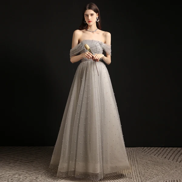 Charming Grey Pearl Prom Dresses 2021 A-Line / Princess Off-The-Shoulder Sleeveless Backless Floor-Length / Long Formal Dresses