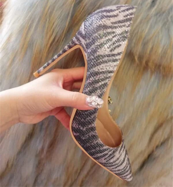 Fine Grå Aften Pumps 2019 Stripet Lær 10 cm Stiletthæler Spisse Pumps