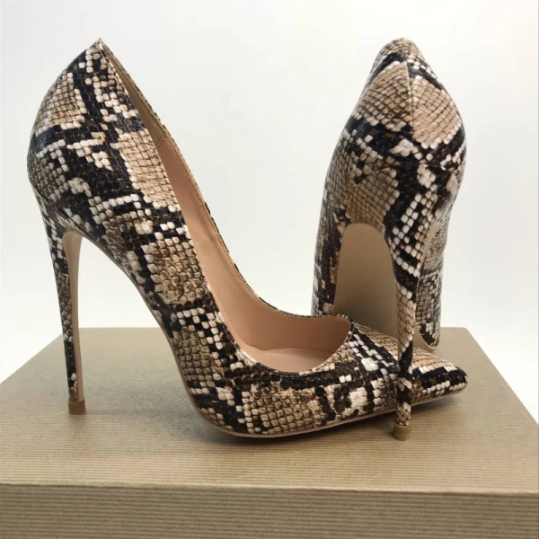 Schöne Braun Abend Pumps 2019 Schlangenhautmuster 12 cm Stilettos Spitzschuh Pumps