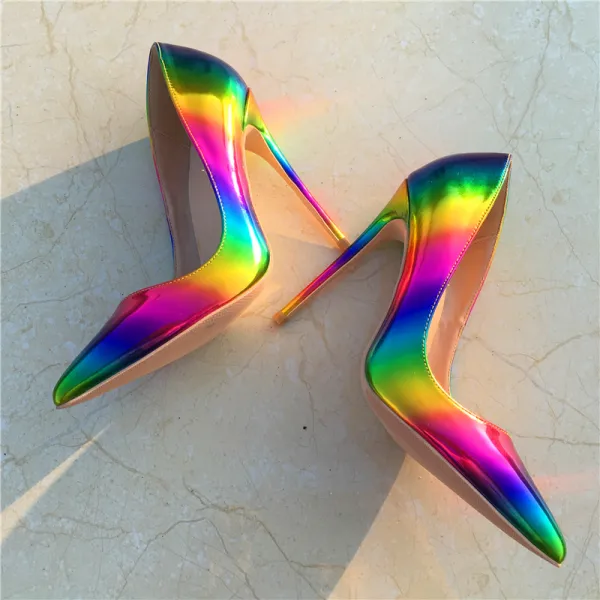 Chic / Beautiful Rainbow Rave Club Pumps 2019 Multi-Colors Leather 10 cm Stiletto Heels Pointed Toe Pumps