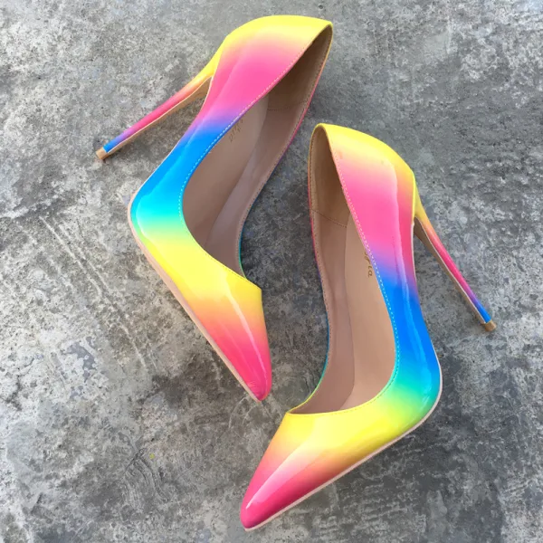 Fine Regnbue Oppnevning Pumps 2019 Lær Multi-Farger 10 cm Stiletthæler Spisse Pumps