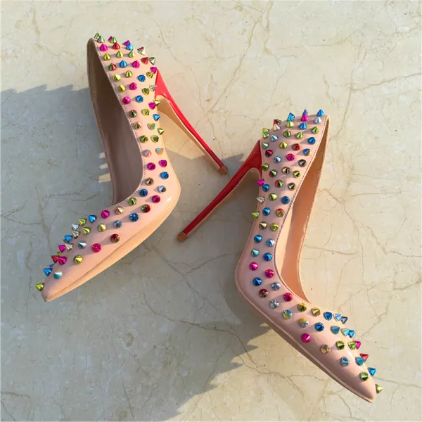 Schöne Nude Abend Pumps 2019 Leder Multifarben Niet 12 cm Stilettos Spitzschuh Pumps