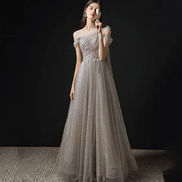 Chic / Beautiful Grey Pearl Prom Dresses 2021 A-Line / Princess Scoop Neck Short Sleeve Backless Floor-Length / Long Formal Dresses