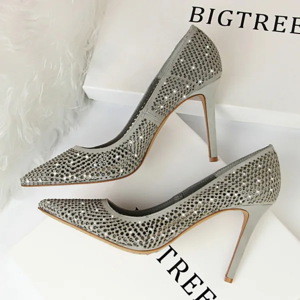Schöne Schwarz Freizeit Durchbohrt Pumps 2019 Wildleder Strass 9 cm Stilettos Spitzschuh Pumps