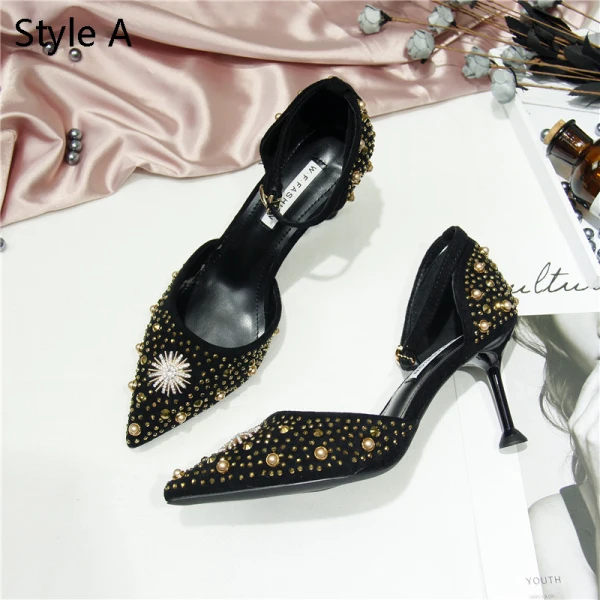 Chic / Beautiful Black Evening Party Womens Shoes 2019 Ankle Strap Pearl Rhinestone 5 cm Stiletto Heels Pointed Toe High Heels