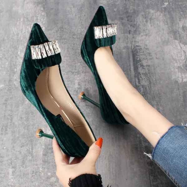 Schöne Dunkelgrün Freizeit Wildleder Pumps 2019 Strass 8 cm Stilettos Spitzschuh Pumps